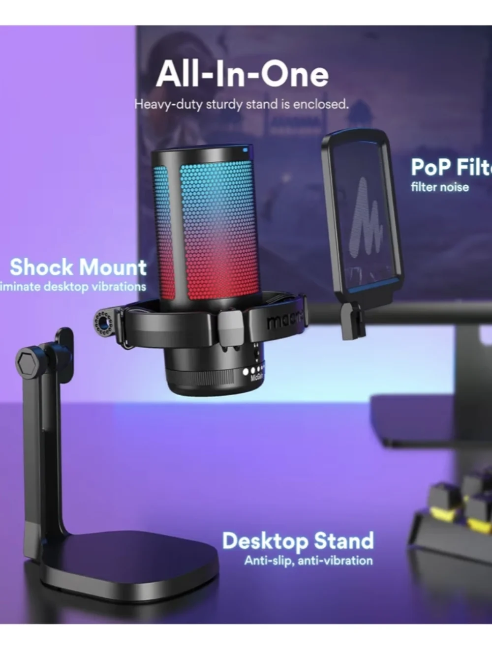 MAONO USB Gaming Microphone RGB Lights With Noise Condenser